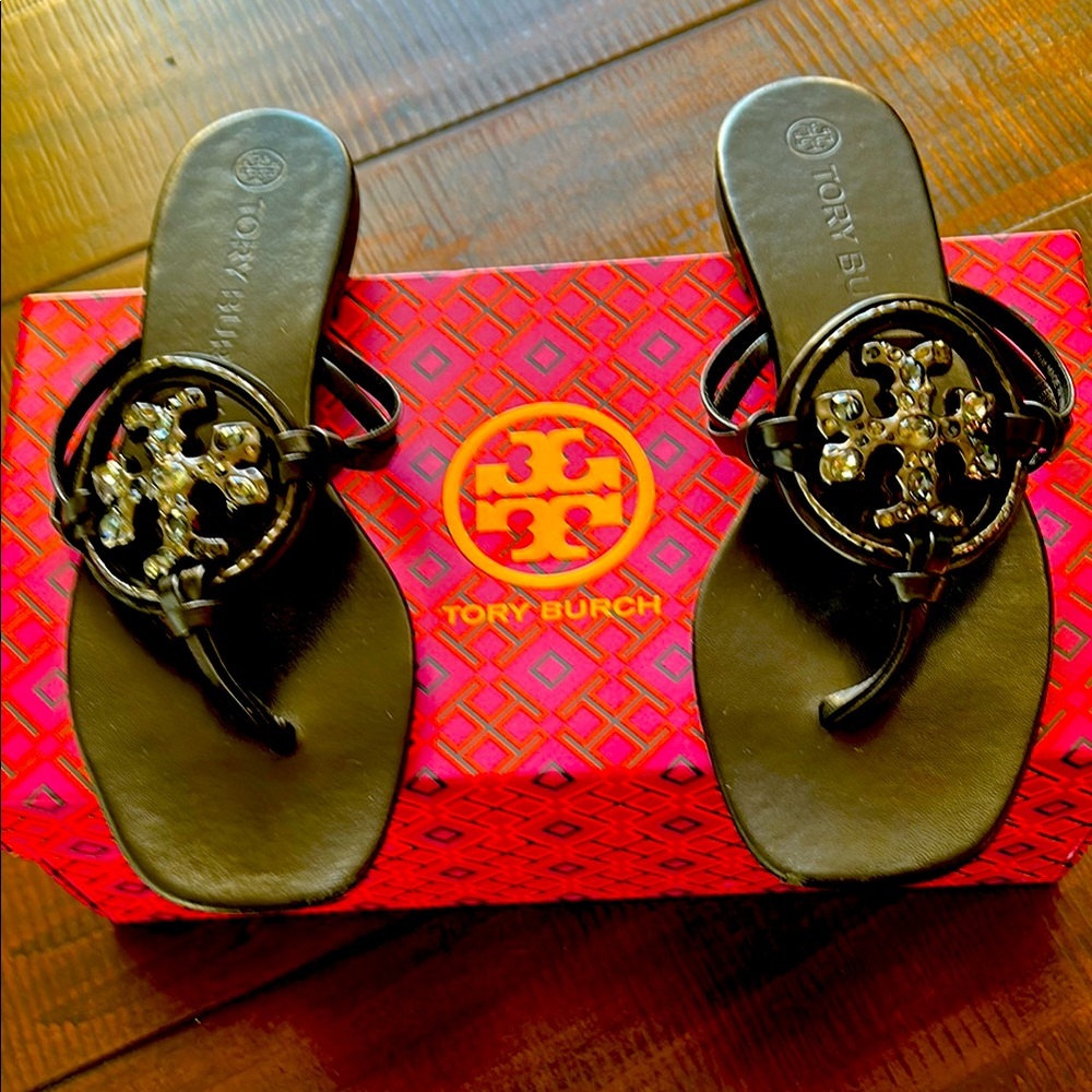 Tory Burch Black Jeweled Miller Nappa Leather Sandals